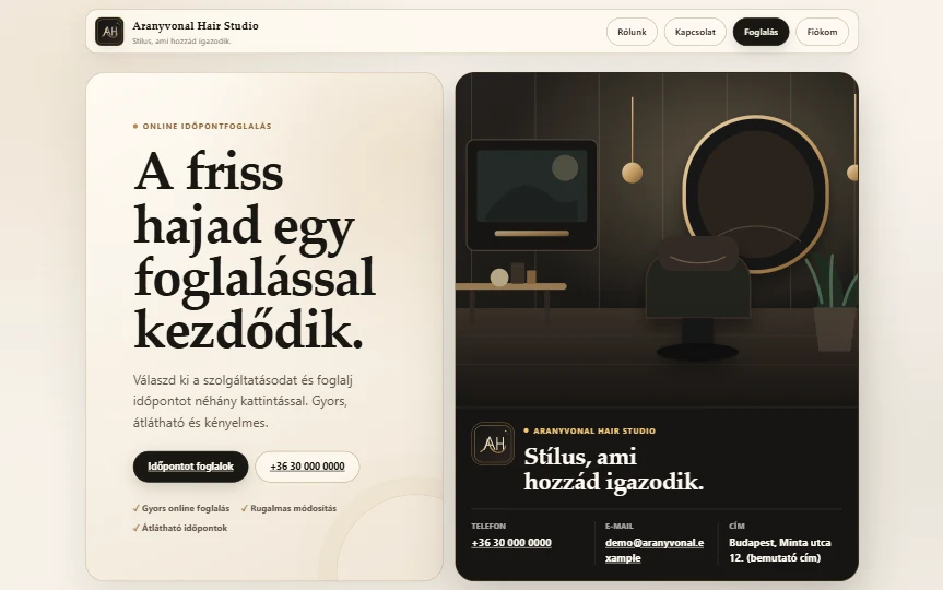 Az Appointment Platform működő, saját arculatú foglalási weboldala